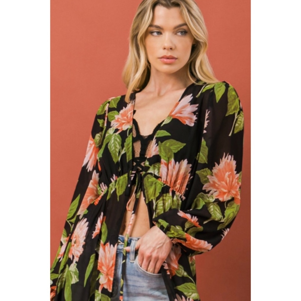 Flying Tomato Tropical Print Long Sleeve Maxi Top - Picture 3 of 9